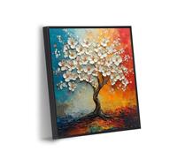 Yikenjoy 3D Textured Wall Art Framed - Abstract Tree Canvas Wall Art with White Flowers, Modern Textured Canvas Painting for Living Room, Bedroom, Home Office Decor, 12x16 Inch