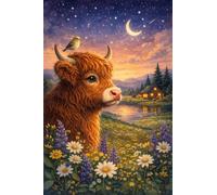Yikenjoy Highland Cow 5D Diamond Painting Kit Adults Beginners, DIY Diamond Art Painting, Full Drill Gem Art, Cute Cow with Bird UnderStarry Sky Countryside Decor & Gifts, 16x12 Inch