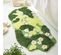 YIKUSH Bathroom Rugs Green Bath Mat Cute Moss Rug with Small White Flowers Non Slip Door Mat for Bedroom and Kitchen Soft Washable Rug Floral Nature Bath Mats (43”x20”)