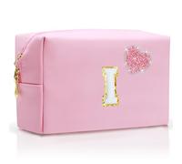 YILANCOL Personalized Initial Makeup Bag with Bling Heart Preppy Cosmetic Bag Cute Toiletry Travel Bag For Teen Girls Women Letter Makeup Pouch Purse for Holiday Birthday Christmas Gifts, Pink, I
