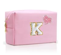 YILANCOL Personalized Initial Makeup Bag with Bling Heart Preppy Cosmetic Bag Cute Toiletry Travel Bag For Teen Girls Women Letter Makeup Pouch Purse for Holiday Birthday Christmas Gifts, Pink, K