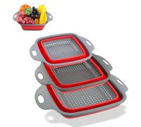 YILANJIN Collapsible Colander Set, 3 PCS Square Silicone Folding Colander with Handles, Fruit Drain Basket for Kitchen, Foldable Silicone Filter with Handles for Draining Vegetables, Pasta, Food (Red)