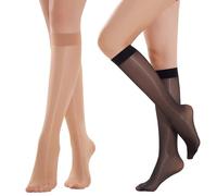 Yilanmy 3 Pairs Knee High Stockings for Women Shiny Oil Bright Nylons Pop Socks Shimmer Silky Glossy Reflection 40D Sheer Socks with Wide Calf One Size（Natural*2+Black*1）
