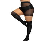 Yilanmy Mock Thigh High Tights for Women Plus Size Black Mock Hold Up Stockings Suspender Tights (Black/Natural,XL-XXL)