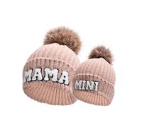 YILEEGOO 2PCS Parent-Child Beanie Hat Mama and Mini Embroidery Knitted Hat Winter Warm Cuffed Ski Cap with Pom Pom (Mama and Mini Pink, ONE Size)