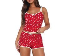 YILEEGOO 2PCS Short Pajama Set for Women, Spaghetti Strap Crop Top Lace Camisole and Shorts Sleeveless Sleepwear PJ Set Nightwear Outfits (W1 Red, M)