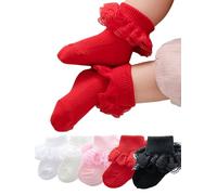 YILEEGOO 5 Pair Baby Girls Socks Eyelet Ruffle Lace Tirm Cotton Sock Baby Ankle Socks Newborn/Infant/Toddlers Frilly Dress Sock 5 Pack Christmas Socks (Style A, 12_months-24_months)