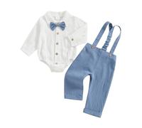 YILEEGOO Baby Boy Formal Gentleman Outfit Baptism Outfits Dress Clothes Long Sleeve Romper Bowtie Shirts Long Suspenders Pants Infant Wedding Clothing Sets (Blue, 0-3 Months)