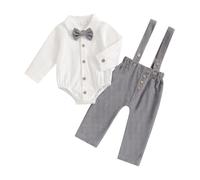 YILEEGOO Baby Boy Formal Gentleman Outfit Baptism Outfits Dress Clothes Long Sleeve Romper Bowtie Shirts Long Suspenders Pants Infant Wedding Clothing Sets (Gray, 0-3 Months)
