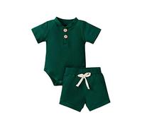 YILEEGOO Baby Boy Summer Outfit Cute Newborn Clothes Ribbed Knit Striped Short Sleeve Romper Bodysuit Shorts Set Going Home Outfit (Dark Green Solid, 0-3 Months)