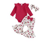 YILEEGOO Baby Girl My 1st Christmas Outfits Letter Long Sleeve Romper Tops+Bell Bottom Pants+Headband 3 Pcs My First Christmas Clothes Set (W7 Red, 3-6 Months)