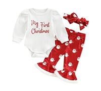 YILEEGOO Baby Girl My 1st Christmas Outfits Letter Long Sleeve Romper Tops+Bell Bottom Pants+Headband 3 Pcs My First Christmas Clothes Set (W1 Red, 12-18 Months)