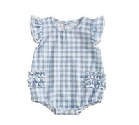 YILEEGOO Baby Girls One Piece Rompers Plaid Frills Round Neck Fly Sleeve Infant Clothes Bodysuits Jumpsuits (Blue, 0-3 Months)