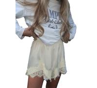 YILEEGOO Boho Women Lace Trim Satin Shorts Elastic Waist Micro Shorts Pettipants Half Slip French Knickers Boyshorts Underwear Lounge Pants Pajamas Bottoms (Champagne, L)