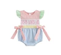 YILEEGOO Infant Baby Girl Bubble Romper Jesus Love Me Outfit Ruffle Sleeveless Stripes Print Bodysuit Newborn Summer Clothes (Pink Blue, 12-18 Months)