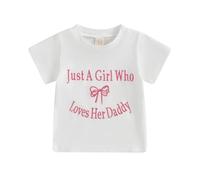 YILEEGOO Just A Girl Who Loves Her Daddy Toddler Baby Girls' Casual Cotton T-Shirts Bow Embroidery Short Sleeve Crew Neck Graphic Tee Tops (White, 12-18 Months)