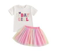 YILEEGOO Little Baby Girl Birthday Outfit Short Sleeve Letter Embroidery T-Shirt with Coloful Tulle A-Line Skirt 2 Pcs Set (Z9-White, 6-7 Years)