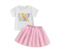 YILEEGOO Little Baby Girl Birthday Outfit Short Sleeve Letter Embroidery T-Shirt with Coloful Tulle A-Line Skirt 2 Pcs Set (Z2-White, 3-4T)