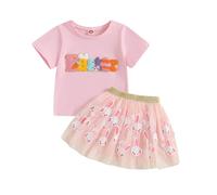 YILEEGOO Little Baby Girl Birthday Outfit Short Sleeve Letter Embroidery T-Shirt with Coloful Tulle A-Line Skirt 2 Pcs Set (Z6-Pink, 4-5T)