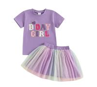YILEEGOO Little Baby Girl Birthday Outfit Short Sleeve Letter Embroidery T-Shirt with Coloful Tulle A-Line Skirt 2 Pcs Set (Z9-Purple, 2-3T)