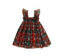 YILEEGOO Little Girl Christmas Tutu Dress Spaghetti Strap Square Neck Sleeveless Glitter Stars Pom Pom Sheer Mesh Layered Tulle Dress (T-Red Plaid, 12-18 Months)