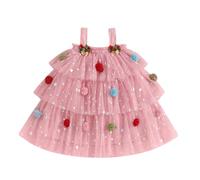 YILEEGOO Little Girl Christmas Tutu Dress Spaghetti Strap Square Neck Sleeveless Glitter Stars Pom Pom Sheer Mesh Layered Tulle Dress (Z92643-Pink, 8-9 Years)