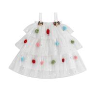 YILEEGOO Little Girl Christmas Tutu Dress Spaghetti Strap Square Neck Sleeveless Glitter Stars Pom Pom Sheer Mesh Layered Tulle Dress (Z92643-White, 3-4 Years)