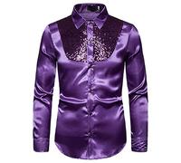 YILEEGOO Men's Satin Shiny Long Sleeve Dress Shirts Slim Fit Business Button Down Ruffle Shirts Luxury Party Dress Shirt Blouse (Purple, M)