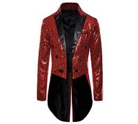 YILEEGOO Mens Sequin Tailcoat Swallowtail Shiny Sequins Blazer Suit Jacket Party Wedding Blazer Slim Fit Show Tux Dress Coat (Red, XL)