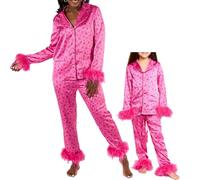 YILEEGOO Mommy and Me Matching Pajamas Set Feather Fur Trim Satin Button Up Pyjamas Set 2pcs Loungewear Sleepwear for Women Girls (Women, Pink Snowflake, XXL)
