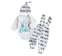 YILEEGOO Newborn Baby Boy Christmas Outfits 3PCS Clothes Set Infant Long Sleeve Romper Cute Pattern Suspender Pants Overalls Baby Xmas Outfits Set (Easter White, 12-18 Months)