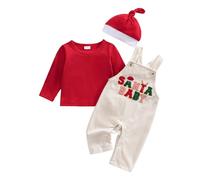 YILEEGOO Newborn Baby Boy Christmas Outfits 3PCS Clothes Set Infant Long Sleeve Romper Cute Pattern Suspender Pants Overalls Baby Xmas Outfits Set (Xmas Red, 0-3 Months)