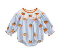 YILEEGOO Newborn Baby Girls Halloween Outfit Gingham Plaid Bubble Romper Long Sleeve Embroidery Pumpkin Bodysuit Fall Harvest Thanksgiving Day Clothes (Blue Striped Pumpkins, 0-3 Months)