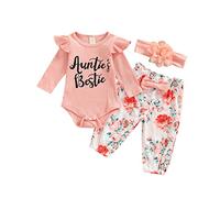 YILEEGOO Newborn Infant Baby Girls 3pcs Clothes Set Auntie Saying Letter Rompers Floral Daisy Pants Headband Girls Outfit Suit (Z3 Pink, 18-24 Months)