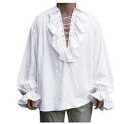 YILEEGOO Retro Men's Shirts, Ruffle Lace Up Long Sleeve Loose Blouse Cosplay Prince Drama Stage Costume (White, S)