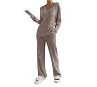 YILEEGOO Ribbed Lounge Wear Sets for Women Uk 2 Pieces Female Long Sleeves Tracksuit Full Set Ladies Pjs Sets Loungewear Sleepwear Homewear (Dark Khaki, M)