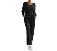 YILEEGOO Ribbed Lounge Wear Sets for Women Uk 2 Pieces Female Long Sleeves Tracksuit Full Set Ladies Pjs Sets Loungewear Sleepwear Homewear (Black, XL)