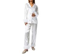 YILEEGOO Satin Pajamas for Women Long Sleeve Lapel Neck PJ's Button Down Sleepwear Feather Pajama Set (05-White, XL)