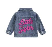 YILEEGOO Toddler Baby Girl Boy Denim Jacket Big Lil Sister/Brother Letter Embroidery Jean Long Sleeve Cardigan Button Matching Denim Coat (Rose Pink-Little Sister, 0-3 Months)