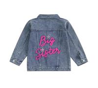 YILEEGOO Toddler Baby Girl Boy Denim Jacket Big Lil Sister/Brother Letter Embroidery Jean Long Sleeve Cardigan Button Matching Denim Coat (Rose Pink-Big Sister, 3-4 Years)