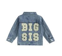 YILEEGOO Toddler Baby Girl Boy Denim Jacket Big Lil Sister/Brother Letter Embroidery Jean Long Sleeve Cardigan Button Matching Denim Coat (Blue-BIG SIS, 18-24 Months)