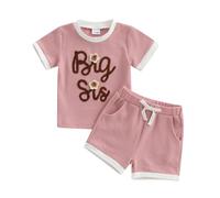YILEEGOO Toddler Baby Girl Boy Matching Outfits Big Lil Sister/Brother Letter Embroidery Waffle T-Shirt Pocket Shorts Set Summer Clothes (Pink-Big Sis Flower, 18-24 Months)