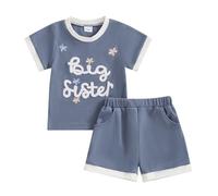 YILEEGOO Toddler Baby Girl Boy Matching Outfits Big Lil Sister/Brother Letter Embroidery Waffle T-Shirt Pocket Shorts Set Summer Clothes (Blue Flower Big Sister, 2-3T)
