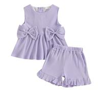 YILEEGOO Toddler Baby Girl Summer Outfits Cotton Baby Clothes Ribbed Sleeveless Bow Ruffled Tank Vest Shirt Tops with Shorts Set (Purple, 2-3T)