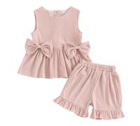 YILEEGOO Toddler Baby Girl Summer Outfits Cotton Baby Clothes Ribbed Sleeveless Bow Ruffled Tank Vest Shirt Tops with Shorts Set (Pink, 12-18 Months)
