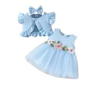 YILEEGOO Toddler Baby Girls Cardigan Dress Outfits Sleeveless Tulle Tutu Dress Bow and Puff Short Sleeve Jacket Coat Fall Clothes Set (Blue Floral, 3 Years)