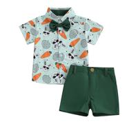 YILEEGOO Toddler Boys Easter Outfits Carrot Rabbit Print Bowtie Short Sleeve Lapel Button Down Shirts Tops and Shorts 2Pcs Summer Clothes Set Cute Infant Outfits (Green, 18-24 Months)