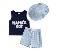 YILEEGOO Toddler Boys Summer Outfits Mama's Boy Clothes Letters Sleeveless Tank Tops Elastic Waist Plaid Shorts Set with Hat (Blue, 2-3T)