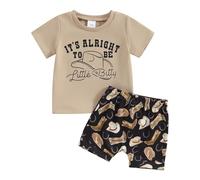 YILEEGOO Toddler Cowboy Outfit My First Rodeo Outfit Western Baby Boy Summer Clothes It's Alright To Be Little Bitty Shirt Top Cowboy Hat Print Shorts Set (Coffee, 18-24 Months)