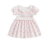 YILEEGOO Toddler Girl Summer Dress Mothers Day Fathers Day Outfit Bow Print Letter Ruffled Short Sleeve Party Princess Dress Summer Clothes (Pink-Mama's Bestie, 3-4 Years)